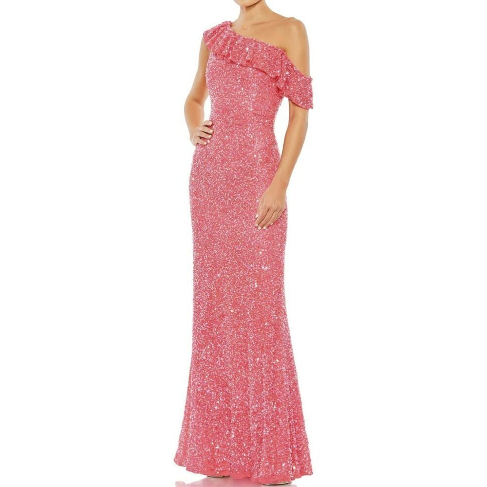 Mac Duggal Pink Sequins Maxi Formal Gown Off Shoulder Dress Size 6 NWT